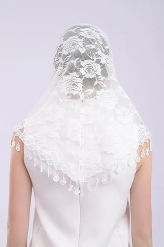 Vista 4 de Cilkus Velo de encaje Triángulo Mantilla velo Mantón o Bufanda Latina Masa Cabeza Cubierta con Flecos Encaje