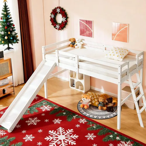 Vista 20 de VINGLI - Cama tipo loft baja de 47'' para junior con escaleras, cama de madera tamaño individual para adultos, niños y adolescentes jóvenes, sin