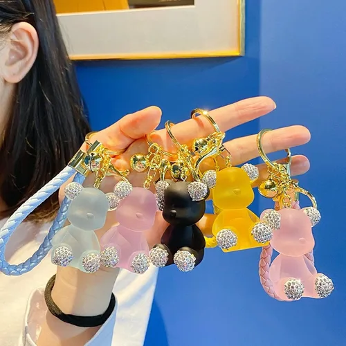 Vista 9 de Lindo llavero de oso de diamantes Kawaii con correa de muñeca para mujer y niña