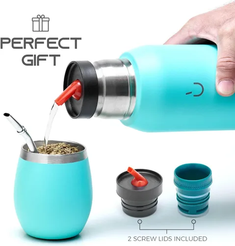 Vista 7 de BALIBETOV Kit Mate – Incluye 1 Taza Mate, 1 Bombilla Pajita y 1 Termo con 2 Tapones – Calabaza de Acero Inoxidable con Tapa (Aqua)