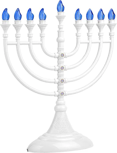 Vista 4 de Menorá eléctrica tradicional de Hanukkah con LED alimentada por batería o USB Chanukiah - incluye cable Micro USB de 4 pies, velas electrónicas