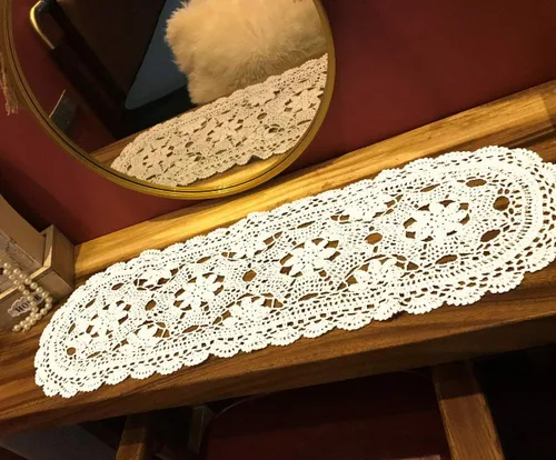 Vista 8 de Pasillos de ganchillo hechos a mano beige de algodón, tapetes de encaje ovalados para dormitorios, 12 x 20 pulgadas.