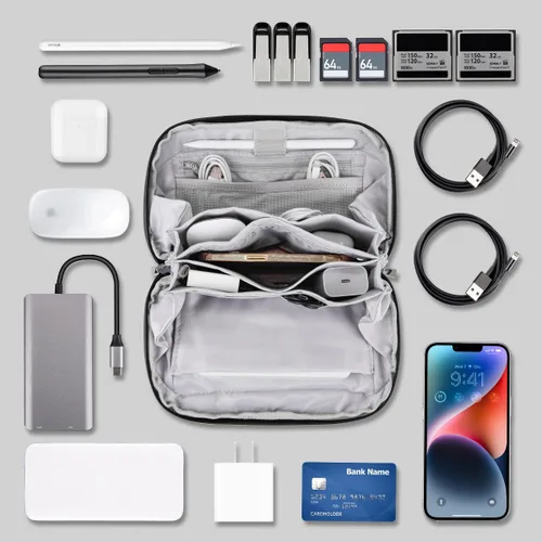 Vista 3 de Bolsa organizadora de artículos electrónicos de viaje, color gris oscuro La funda de bolsa almacena cables, cargadores y otros accesorios