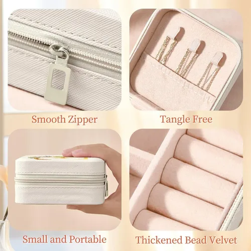 Vista 6 de My Daily Joyero de viaje Joyero pequeño para mujeres y niñas, organizador de regalo, cajas de cuero con espejo, blanco, inicial E