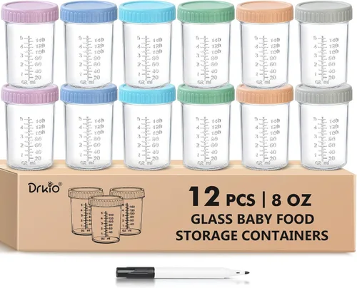 Vista 8 de DRKIO Paquete de 12 recipientes de vidrio para almacenamiento de alimentos para bebés - Frascos de comida para bebés de 4 y 8 onzas con tapas 4 oz