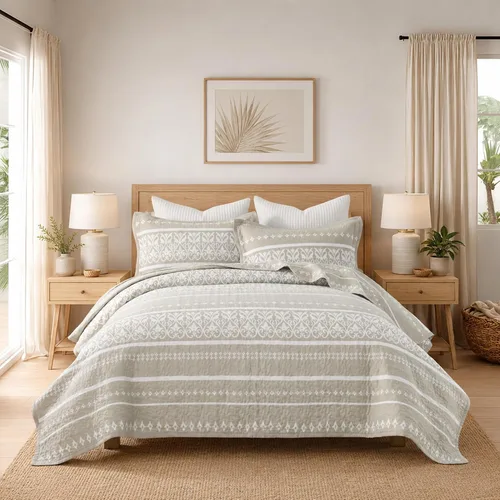 Vista 2 de Juego de edredón 100% algodón a rayas, bohemio, tamaño Queen, color beige y blanco, 3 piezas Lightweight & Soft Bedspread, Boho Style Bedding Set