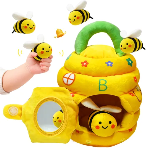 Vista 8 de Juguetes para bebés de 6 a 12 meses, juguetes Montessori de colmena para niños de 1 año con 5 abejas sensoriales de peluche, arrugados, sonajeros