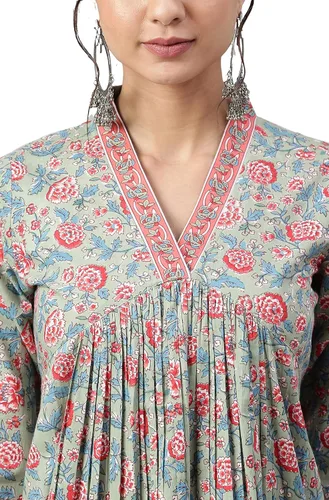 Vista 7 de Janasya Kurta con estampado floral de algodón verde mar para mujer india con pantalón