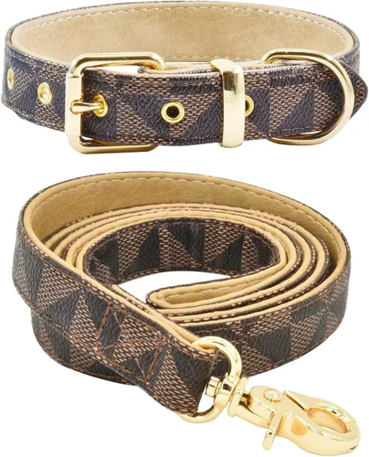 Vista 10 de Juego de collar y correa de cuero para perro, correas de collar de perro con patrón de cuadros, hebilla de metal ajustable y duradera para perros