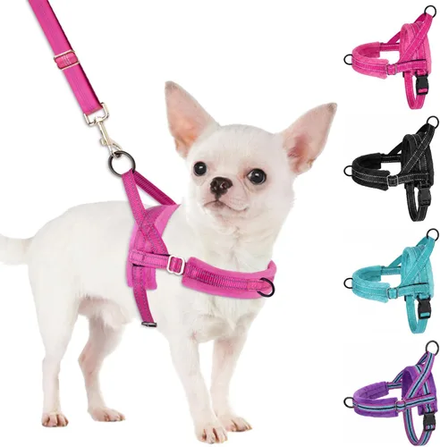 Vista 10 de SlowTon - Juego de arnés y correa para perros pequeños sin tirones, chaleco suave ajustable para cachorros para el cuello y el pecho, arnés