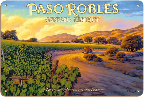 Vista 5 de Paso Robles - Geneseo District - Central Coast AVA Vineyards - Arte de California Wine Country por Kerne Erickson - Cartel de metal vintage de 8 x