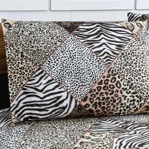 Vista 3 de WPM - Juego de sábanas bajeras de 3 piezas con estampado animal, diseño de cebra, jirafa, selva, bosque y leopardo, negro, blanco, gris, con funda