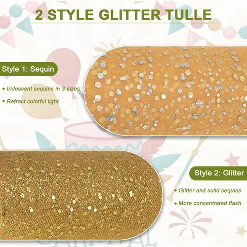 Vista 3 de Rollos de tela de tul con purpurina dorada de 6 pulgadas, 50 yardas (150 pies), carrete de cinta de red con lentejuelas brillantes para bodas, falda