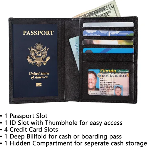 Vista 4 de Cartera RFID para pasaporte organizador de viaje - 2 soportes para pasaporte - Bifold de cuero delgado, Negro -, Cartera Rfid