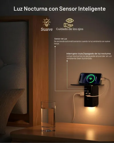 Vista 3 de Extensor de toma de pared con estante y luz nocturna, protector de sobretensiones, cargador de pared USB con 5 salidas USB y 3 puertos USB, 1 salida