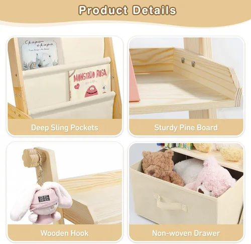 Vista 6 de Estantería infantil y organizador de juguetes 2 en 1, estante para libros para habitaciones de niños con cubo de juguetes móvil, estante de 4 Beige