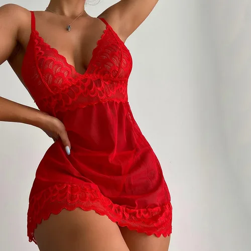 Vista 3 de MOBCTG Camisón sexy de encaje para mujer, sexy, sin hilos, con perspectiva, sexy, de encaje, para mujer, Rojo, M