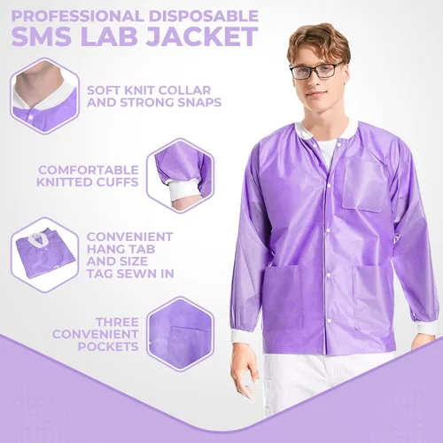 Vista 23 de Paquete de 10 chaquetas desechables de laboratorio, chaqueta médica reutilizable hasta la cadera, unisex, con puños de punto y bolsillos