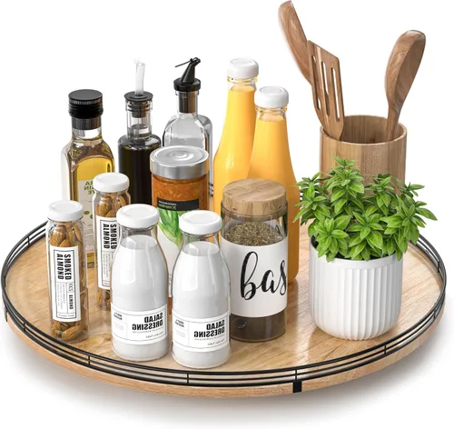 Vista 48 de Marble Lazy Susan - Tocadiscos para mesa, bandeja redonda de mármol de grano de madera antigua de 10 pulgadas para mesa de comedor, encimera de Negro