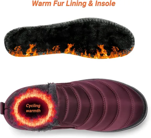 Vista 3 de scecocrs Botas de nieve impermeables sin cordones para mujer, forro de piel, antideslizantes, cómodas, cálidas, botas de tobillo