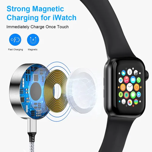 Vista 6 de Cable de carga universal para reloj inteligente 5 en 1 USB de 5.9 ft/6 pies, cargador de reloj magnético+Lightning2+tipo C+Micro USB nailon trenzado