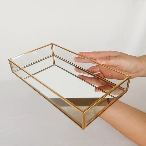 Vista 7 de HighFree Bandeja Rectangular de Espejo Dorado, Bandeja Decorativa de Vidrio con Espejo para Tocador para Perfume, Cosméticos, Maquillaje, Baratijas