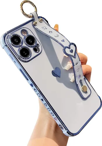 Vista 16 de DEFBSC Funda compatible con iPhone 15, con borde galvanizado, diseño de corazón con correa para la muñeca, protección completa de la cámara