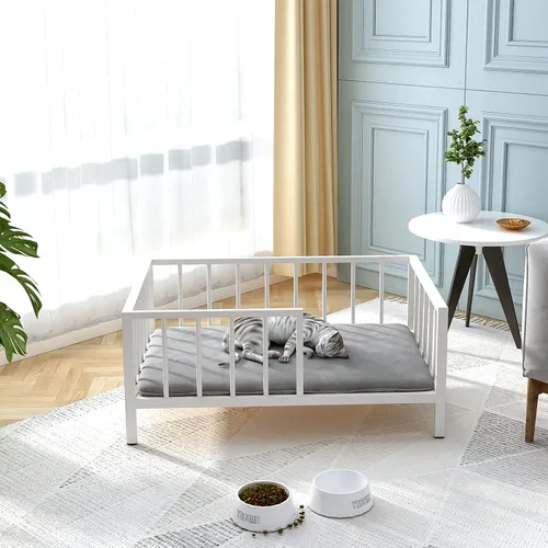 Vista 4 de OSCHF Cama para perros con rieles, marco de cama elevado de metal para mascotas con tabla de madera maciza y alfombrilla suave lavable para perros