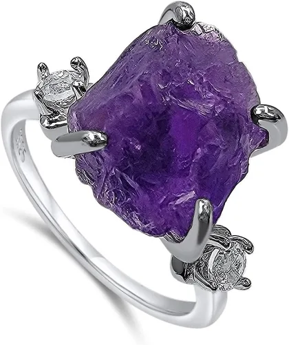 Vista 22 de Anillo de cristal crudo real con piedra natal, plata de ley, oro blanco, regalo de joyería para ella, regalo de Navidad, Día de la Madre