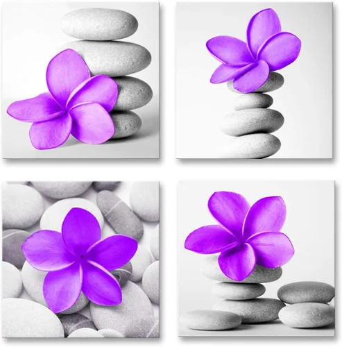 Vista 4 de Genius Decor - Arte moderno para pared de baño, diseño de flores zen azules y grises, piedra de guijarro, aguamarina, arte en lienzo para decoración