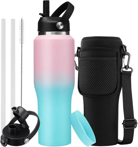 Vista 19 de Botella de agua de acero inoxidable de 32 onzas, frío-48 horas y caliente-24 horas, termo con popote y tapas de boquilla, bolsa, botella aislada al