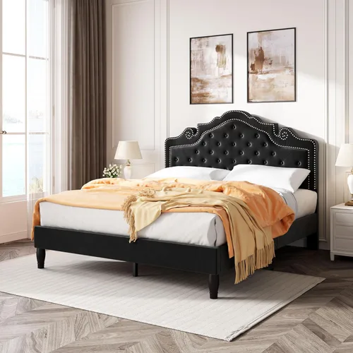 Vista 3 de SHA CERLIN Marco de cama tamaño completo con cabecera ajustable/Tapizado de terciopelo/Capitoné con botones de diamante y tachuelas de metal/No