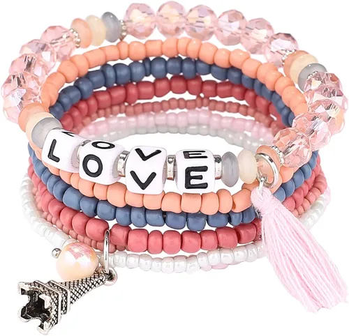 Vista 4 de iYours 6 juegos de pulseras bohemias multicapa con borlas hechas a mano, pulseras envolventes para mujer, Sin gemas.