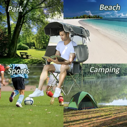 Vista 8 de Silla de playa con toldo – Silla plegable al aire libre con toldo de protección solar completa – Ideal para camping, césped, deportes, picnic