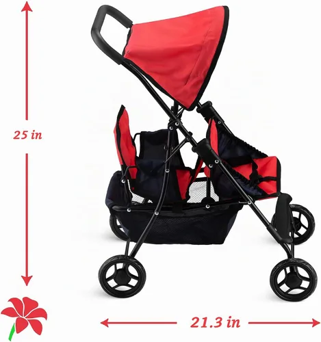 Vista 2 de Hushlily® Tandem - Cochecito de muñeca doble con toldo ajustable y cesta, plegable, con ruedas suaves (rojo y azul)