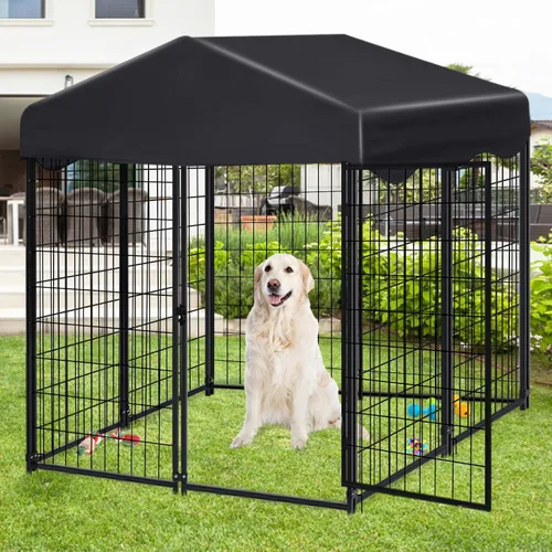 Vista 10 de Perrera para perros en el exterior, 4.5 x 4 x 4 pies, con techo para perros medianos y pequeños, jaula para perros al aire libre con cubierta