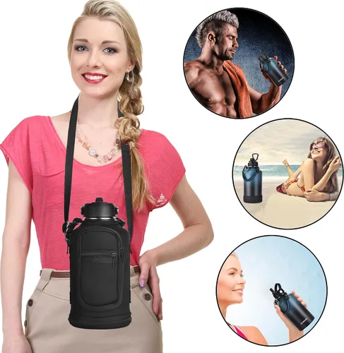 Vista 5 de Botella de agua aislada de 64 onzas con asa de paracaídas, bolsa de transporte y funda de silicona, jarra aislada de acero inoxidable de doble pared