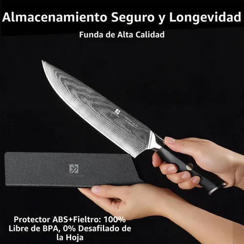 Vista 7 de Cuchillo de chef de Damasco de 8 pulgadas, cuchillo de cocina de acero inoxidable de alto carbono de 67 capas con mango ergonómico G10, funda