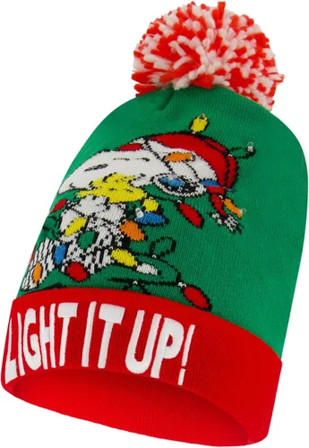 Vista 4 de Peanuts Beanie Hat, Snoopy y Woodstock - Suéter de punto de invierno con pompón y puño, color verde, talla única, Verde