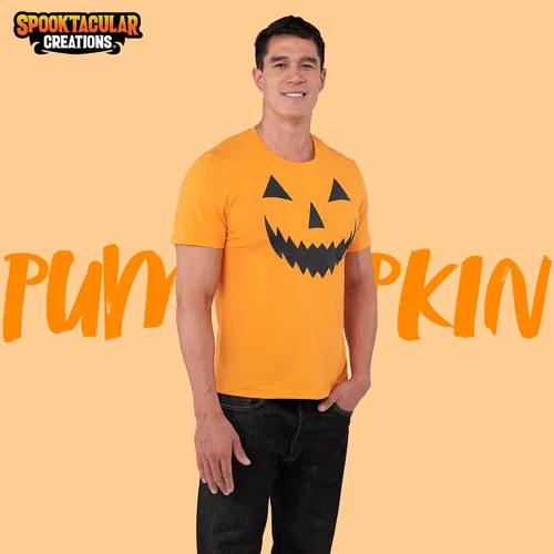 Vista 2 de Spooktacular Creations Camiseta gigante con cara de Jack O Lantern camiseta divertida de calabaza naranja para hombre disfraz de Halloween
