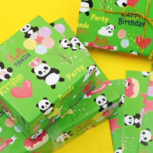 Vista 5 de Juego de 6 hojas de papel de regalo de panda de feliz cumpleaños, plegado plano de 20 x 28 pulgadas por hoja para niños, niñas, niños y mujeres