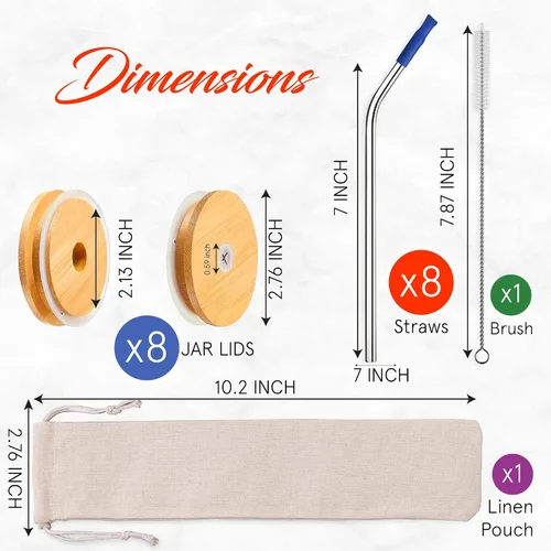 Vista 2 de Tapas de bambú para tarros de masón con agujero para pajilla, popotes reutilizables de acero inoxidable con puntas de silicona de colores, cepillo