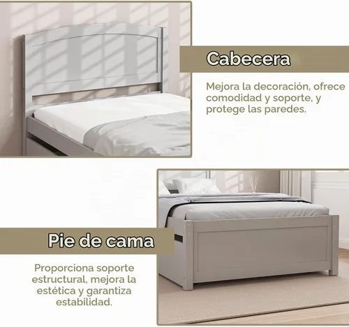 Vista 7 de Cama nido individual, marco de cama extraíble de madera maciza, cama de día extensible con cabecera y soporte de listones de madera sólida Gris