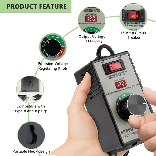 Vista 4 de Controlador de Velocidad de Motor de CA 120V 15A Máx - Controlador de Velocidad Variable y Control de Velocidad de Ventilador con Protección contra