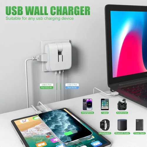 Vista 3 de Extensor de salida de pared plana con puertos de carga USB, tira de alimentación giratoria de 180°, 2 puertos USB, enchufe plegable de 2 clavijas