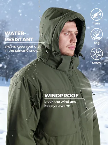 Vista 2 de Men's Winter Insulated Coat Warm Water Resistant Skiing Parka Jacket Fleece Lined Detachable Hood 7 Pockets Work Coat