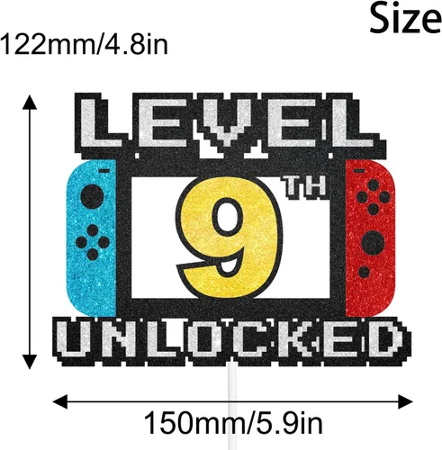 Vista 2 de Level Up - Decoración para tarta, letrero de juego de nivel 9, decoración de fiesta temática para videojuegos, suministros de fiesta para niños