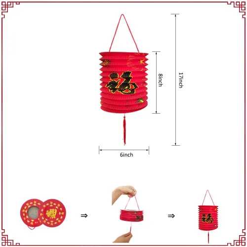 Vista 2 de Paquete de 10 linternas de papel colgantes japonesas chinas rojas, faroles asiáticos chinos de buena fortuna Lucky Fu, decoración de festival chino