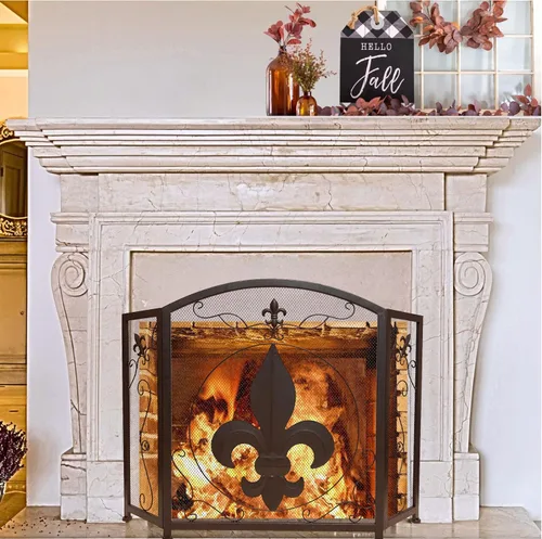 Vista 4 de BestGiftEver Pantalla decorativa para chimenea de 3 paneles con diseño de flor de lis, marrón oscuro clásico, cubierta decorativa de malla de hierro