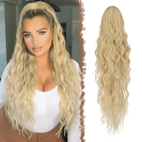 Vista 23 de FESHFEN Extensiones de cola de caballo – 26 pulgadas cordón largo rizado ondulado clip en colas de caballo pelo sintético extensiones de cola